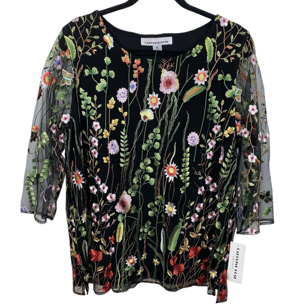 NWT Caroline Rose sz M Garden Walk Tunic Black Floral Embroidery 3/4 Sleeve